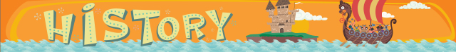 History section heading image, consisting of an orange/tan colored background, and the words History and an artists rendering of an ocean with some white, puffy clouds and a small island with green grass and a castle in the middle of it and a Viking style dragon ship in the water.