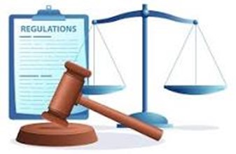 image of computer rendered clipboard with the word 'Regulations', a scale, and gavel.