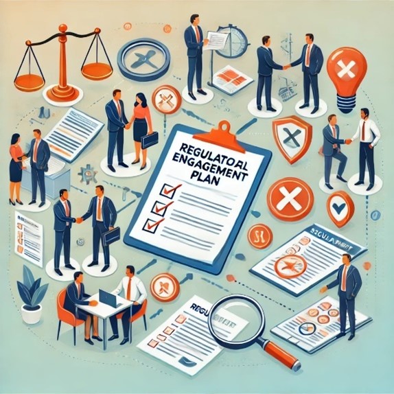 a picture with people as well as numerous other objects such as a clipboard with the words 'Regulatory Engagement Plan'.