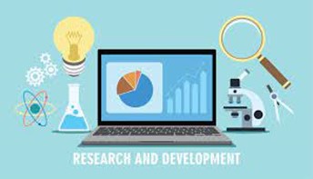 image with a laptop displaying a dashboard, to the left of the laptop is a lightbulb, beaker, and an atom and to the right is a microscope and magnifying glass.