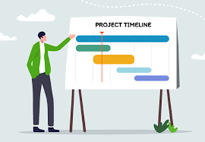 image of person pointing to a board with the words 'project timeline' and a chart.
